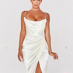 House of CB Ivory Satin Cowl Midi Dress